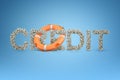 3d rendering of the title `CREDIT` made from lots of dollar bills with a lifebuoy in the middle.