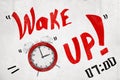 3d rendering of a the title `Wake up` and an old-fashioned alarm clock that is going off. Royalty Free Stock Photo