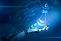 3d rendering of robotic hand and neon chess king on blue background