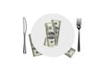 Blank White Plate and Fork, Spoon, Knife with Dollar Banknotes on White Royalty Free Stock Photo