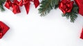 3d rendering of top view Christmas background with Gifts, red decorations on white background. Royalty Free Stock Photo