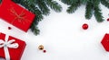 3d rendering of top view Christmas background with Gifts, red decorations on white background. Royalty Free Stock Photo