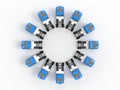 3D rendering - top view of multiple blue trucks arranged in a circle