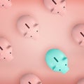 3d rendering of top view on a single pink piggy bank standing in rows of identical pink ones.