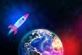 3d rendering of toy space rocket in space flying over the planet Earth.