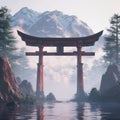 A 3D rendering of a traditional Japanese Torii gate set against the backdrop of a serene misty mountain landscape symbolizing the Royalty Free Stock Photo