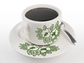 3d rendering traditional Malaysian authentic black coffee Kopi O. Vintage floral pattern cup and plate set with tea spoon.