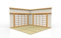 3d rendering. Traditional oriental Japanese White paper door and tatami floor corner room design background.