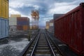 3D rendering of a train track through a generic shipping container yard in docklands