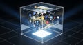 3d rendering of a transparent glass cube with floating technology icons on grid surface with blue futuristic lighting Royalty Free Stock Photo