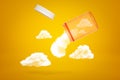 3d rendering of transparent orange medicine jar tilted down in air with white fluffy clouds emerging out of it on yellow