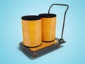 3D rendering transportation of barrels on an orange trolley on b