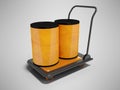 3D rendering transportation of barrels on an orange trolley on gray background with shadow