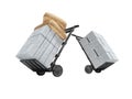 3D rendering transportation of building blocks and bags on two wheeled trolley on white background no shadow