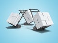 3D rendering transportation of building blocks on two wheeled trolley on blue background with shadow