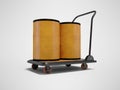 3D rendering transportation two barrels on an orange trolley on gray background with shadow