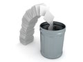 3D Rendering of trash can next to crumbling paper stack