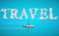 3D rendering, travel concept written on tropical caribbean sea with tourism airplane fly near it holiday, abstract travel concept