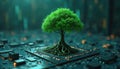 3D rendering of tree growing on computer motherboard. Conceptual illustration of technology, nature connection. Green tree Royalty Free Stock Photo