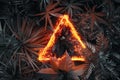 3d rendering of triangle shape in fire over tropical plants. Flat lay of minimal nature style concept Royalty Free Stock Photo