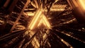 3D rendering of a trippy triangular hallway made up of gold lights Royalty Free Stock Photo