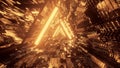 3D rendering of a trippy triangular hallway made up of gold lights Royalty Free Stock Photo