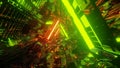 3D rendering of a trippy triangular hallway made up of green and orange lights Royalty Free Stock Photo