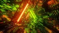 3D rendering of a trippy triangular hallway made up of green and orange lights Royalty Free Stock Photo