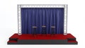 3d rendering of truss and red stage with blue curtain for talk, interview Event and presentation concept