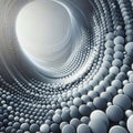 A 3D rendering of a tunnel made of swirling white spheres, a futuristic and abstract design.