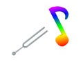 3D Rendering of tunning fork with colorful musical note next to it Royalty Free Stock Photo