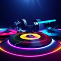 3d rendering of turntables in neon light on dark background AI generated