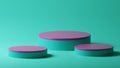 3D rendering turquoise purple colour minimal cylinder pedestal podium product showcase display on empty backgroun