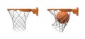 3d rendering of two basketball nets with orange hoops, one empty and one with a ball falling inside.