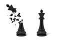 3d rendering of two black chess kings stand near each other with one of them cracked and broken. Royalty Free Stock Photo