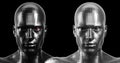 3d rendering. Two black and white faceted android heads looking front on camera