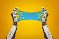 3d rendering of two black and white robot`s hands holding blue sticky slime banner on yellow background.