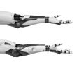 3d rendering of two black and white robotic arms shown horizontally with open palms in friendly gesture.