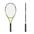 3d rendering of two black and yellow tennis racquets in front and side view.