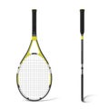 3d rendering of two black and yellow tennis racquets in front and side view.