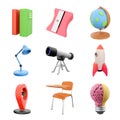 3d rendering two books, sharpener, rocket, globe, table lamp, light bulb with brain, telescope, school chair, and