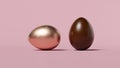3D rendering, two chocolate eggs one in a copper wrapper on a pink background Royalty Free Stock Photo