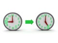 3D Rendering of two clocks linked by green arrow - nine to five routine