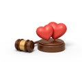 3d rendering of two cute red hearts on sounding block with judge gavel beside.