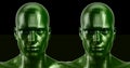 3d rendering. Two faceted green android heads looking front on camera