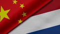 3D Rendering of two flags from China and Netherlands with fabric texture, bilateral relations, peace and conflict between