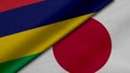 3D Rendering of two flags from Republic of Mauritius and japan together with fabric texture, bilateral relations, peace and