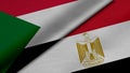 3D Rendering of two flags from Republic of the Sudan and Arab Republic of Egypt together with fabric texture, bilateral relations