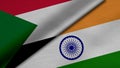 3D rendering of two flags of Republic of the Sudan and India together with fabric texture, bilateral relations, peace and conflict