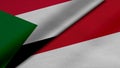 3D rendering of two flags of Republic of the Sudan and Republic of Indonesia together with fabric texture, bilateral relations,